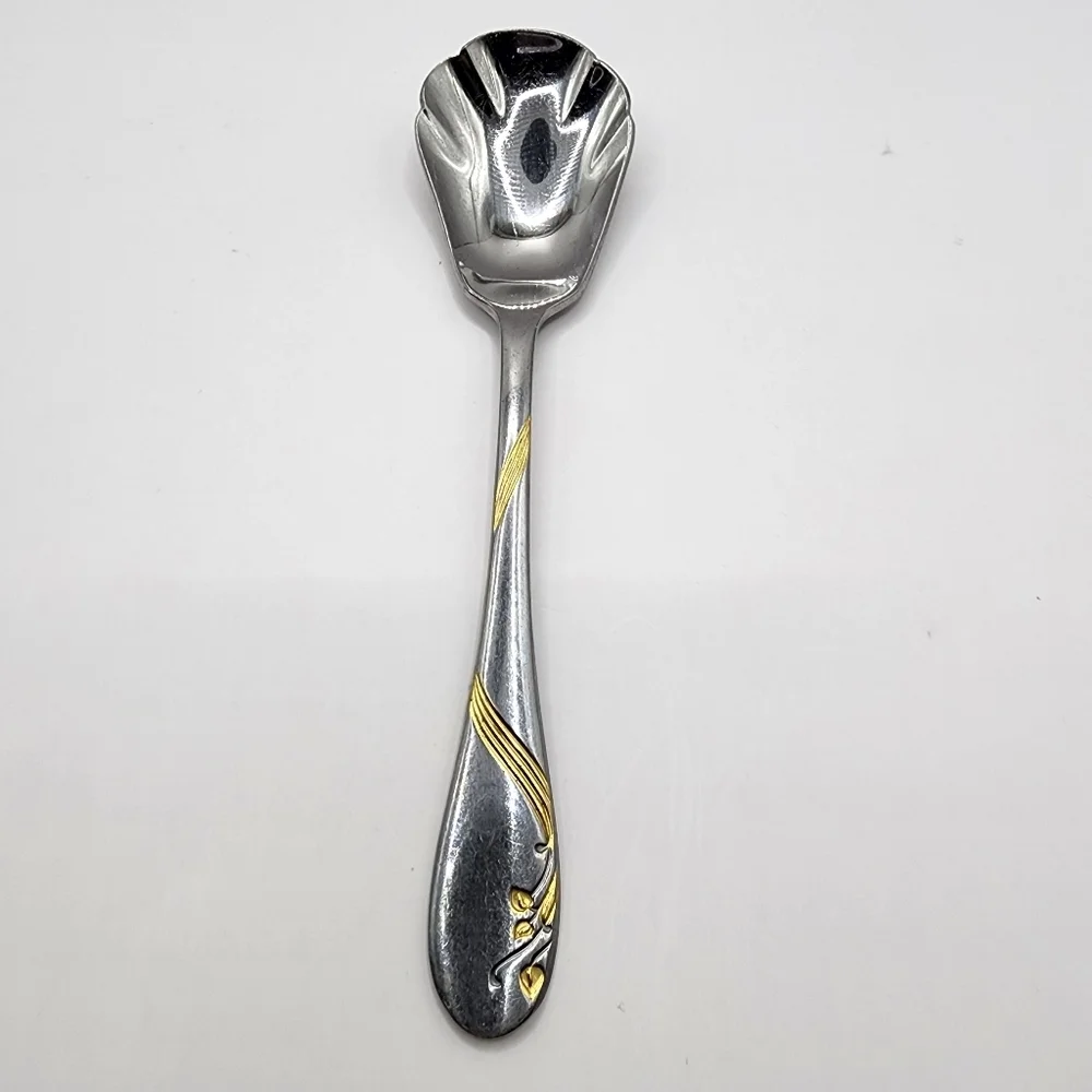Estia Sugar Spoon - Stainless Steel Floral Gold Accent Flatware Korea